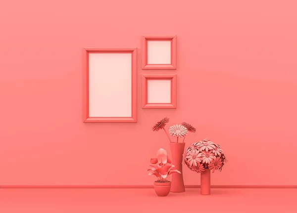 Innenraum Schlicht Monochromer Rosa Farbe Mit Quadratischen Und Vertikalen Bilderrahmen — Stockfoto