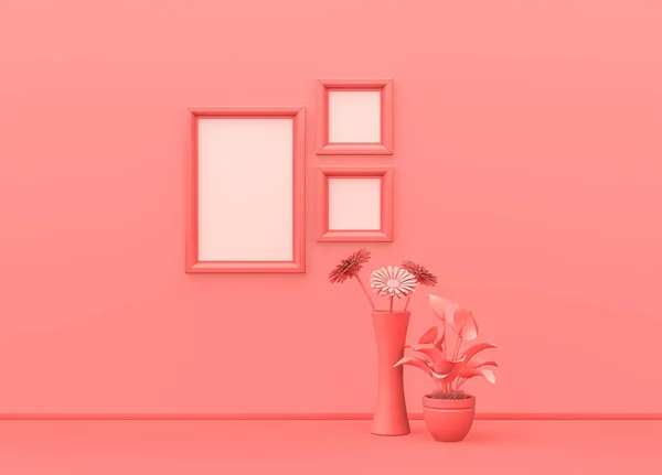 Innenraum Schlicht Monochromer Rosa Farbe Mit Quadratischen Und Vertikalen Bilderrahmen — Stockfoto