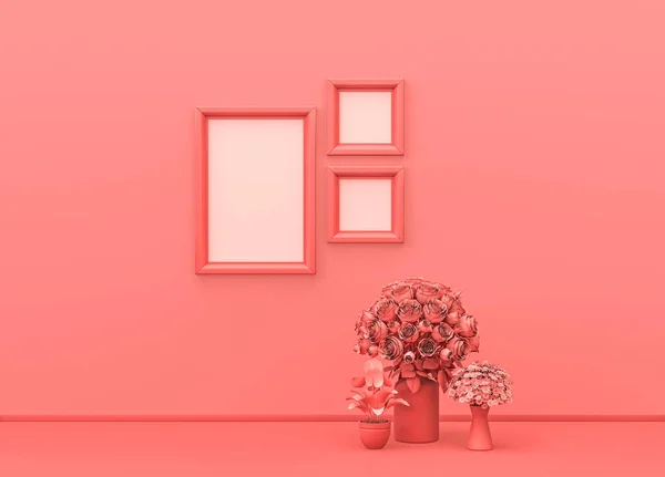 Chambre Intérieure Couleur Rose Monochrome Uni Avec Cadres Carrés Verticaux — Photo
