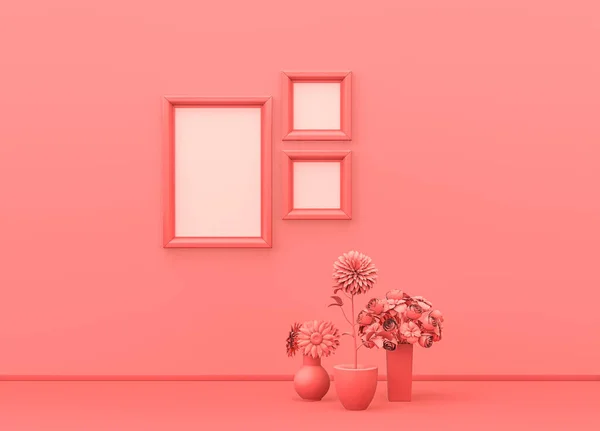 Poster frame mock-up room in flat monochrome pink color with decorative vases, plants and Square and vertical poster frames. Light background with copy space. 3D rendering, picture frames on wall