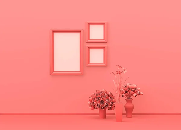 Poster frame mock-up room in flat monochrome pink color with decorative vases, plants and Square and vertical poster frames. Light background with copy space. 3D rendering, picture frames on wall