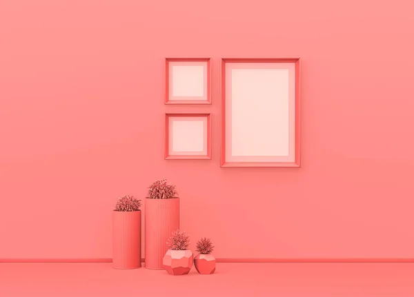 Плакатная Рамка Макета Комнаты Плоском Одноцветном Розовом Цвете Декоративными Вазами — стоковое фото