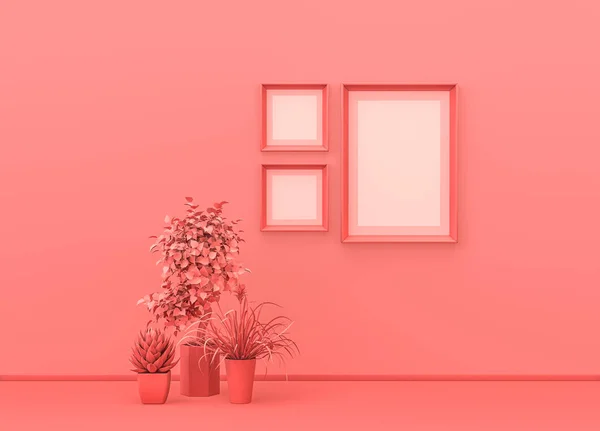 Posterrahmen Attrappe Flacher Monochromer Rosa Farbe Mit Dekorativen Vasen Pflanzen — Stockfoto