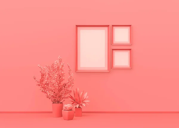 Quarto Maquete Quadro Cartaz Cor Rosa Monocromática Plana Com Vasos — Fotografia de Stock