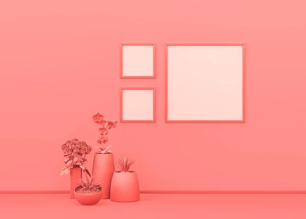 Poster frame mock-up room in flat monochrome pink color with decorative vases, plants and square picture frames. Light background with copy space. 3D rendering, picture frames on wall