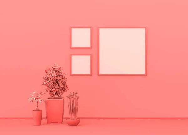 Poster frame mock-up room in flat monochrome pink color with decorative vases, plants and square picture frames. Light background with copy space. 3D rendering, picture frames on wall