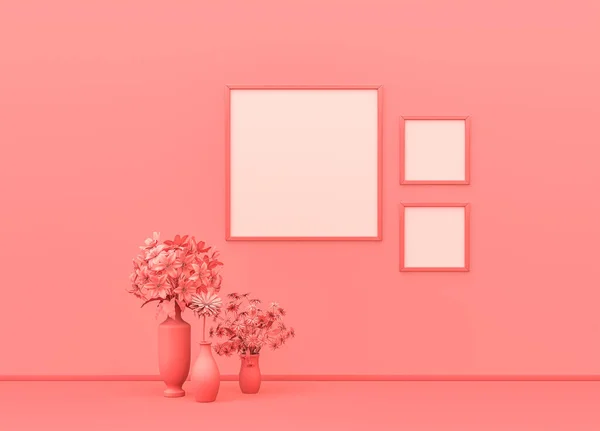 Picture frame mock-up room in flat single pink color with decorative plants and square picture frames. pink background with copy space. 3D rendering, Single color composition