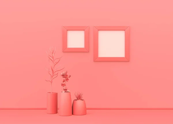 Imagem Moldura Quarto Mock Única Cor Rosa Plana Com Plantas — Fotografia de Stock