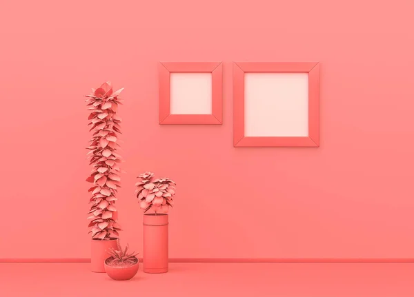 Picture frame mock-up room in flat single pink color with decorative plants and square picture frames. pink background with copy space. 3D rendering, Single color composition