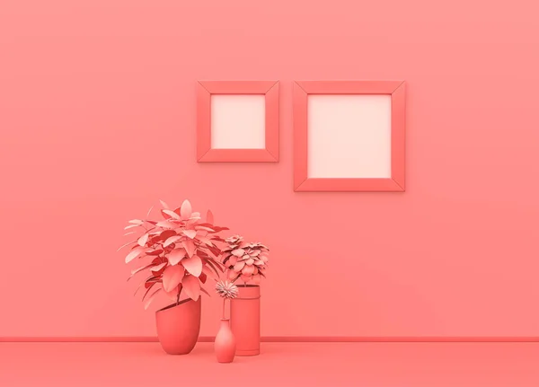 Picture frame mock-up room in flat single pink color with decorative plants and square picture frames. pink background with copy space. 3D rendering, Single color composition