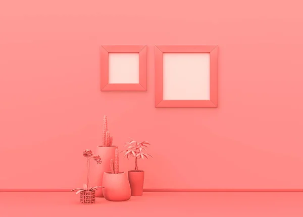 Imagem Moldura Quarto Mock Única Cor Rosa Plana Com Plantas — Fotografia de Stock