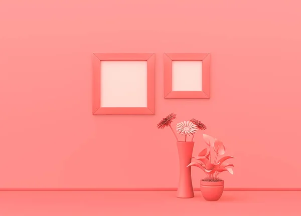 Cornici Quadrate Parete Colore Rosa Con Piante Terra Composizione Monocromatica — Foto Stock
