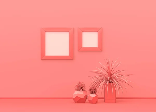 분홍색 벽에는 사각형으로 바닥에는 식물들이 있습니다 모노크롬 구성의 Rendering Poster — 스톡 사진