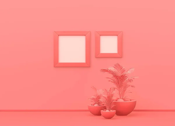 Kwadratowe Ramki Różowym Kolorze Ściany Roślinami Ziemi Monochromatyczna Kompozycja Różowe — Zdjęcie stockowe