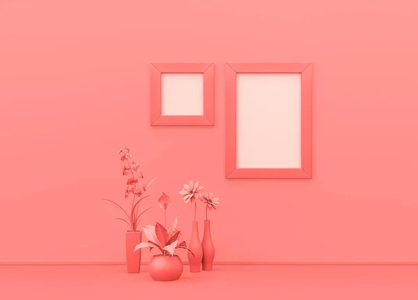 Picture frame mock-up room in flat single pink color with decorative plants and Square and vertical poster frames. pink background with copy space. 3D rendering, Single color composition