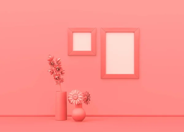 분홍색 벽에는 광장과 포스터가 땅에는 식물들이 있습니다 모노크롬 구성의 Rendering — 스톡 사진