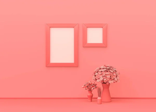 Cornici Quadrate Verticali Parete Colore Rosa Con Piante Terra Composizione — Foto Stock