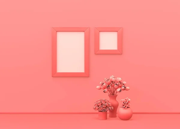 Kwadratowe Pionowe Ramki Plakatowe Różowej Ścianie Roślinami Ziemi Monochromatyczna Kompozycja — Zdjęcie stockowe
