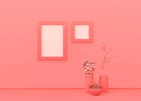 Square Vertical Poster Frames Pink Color Wall Plants Ground Monochrome — Stock Photo, Image