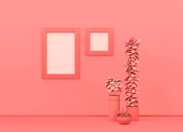 분홍색 벽에는 광장과 포스터가 땅에는 식물들이 있습니다 모노크롬 구성의 Rendering — 스톡 사진