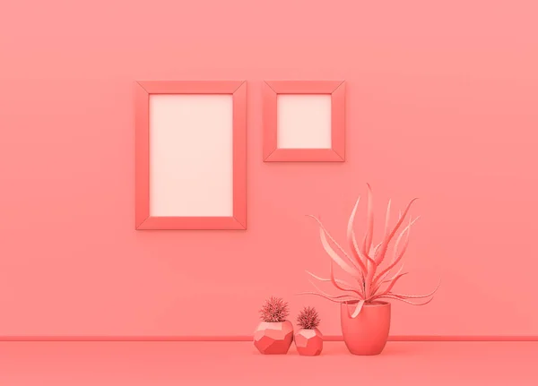 Négyzet Függőleges Poszter Keretek Rózsaszín Színű Fal Növények Földön Monokróm — Stock Fotó