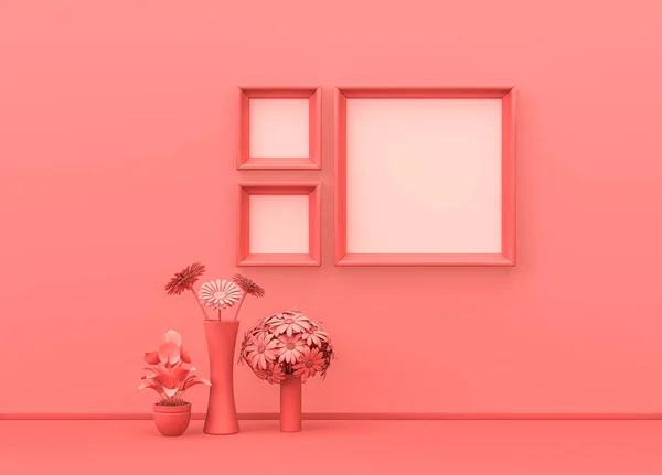 Внутренняя Комната Однотонного Розового Цвета Большими Маленькими Квадратными Рамками Декоративными — стоковое фото