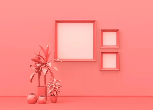 단색의 분홍으로 사각형 장식용 꽃병과 식물이 공간의 렌더링 포스터 프레임 — 스톡 사진