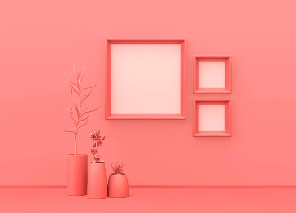 Wnętrze Pokoju Kolorze Jednobarwnego Różu Dużymi Małymi Kwadratowymi Ramkami Dekoracyjnymi — Zdjęcie stockowe