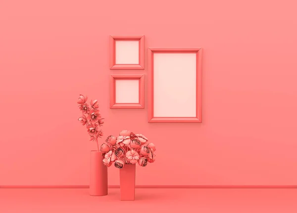 Habitación Interior Color Rosa Monocromo Liso Con Marcos Cuadrados Verticales — Foto de Stock