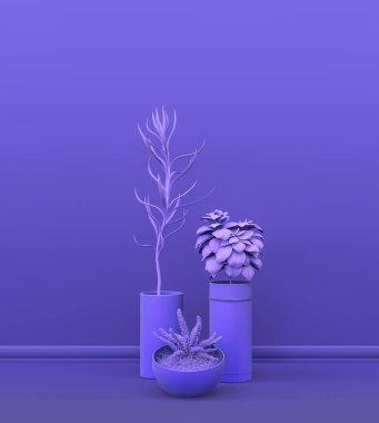Fotokopi alanı ve çerçeve arkaplanı için mor odada katı renkli bir duvarın önünde birden fazla bitki var. 3 boyutlu görüntüleme, tencere ve çiçekli boş oda