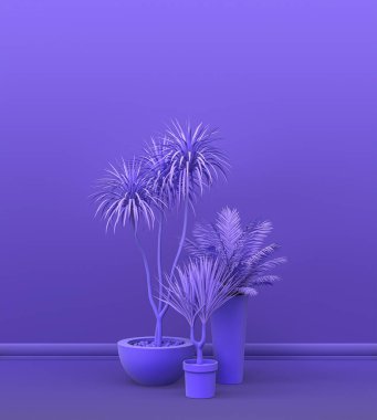Tek renk mor çiçeklerden oluşan bir bitki ve çiçek grubu. Fotokopi alanı ve poster çerçevesi için boş bir iç oda. 3 boyutlu görüntüleme, saksılı ve çiçekli oda