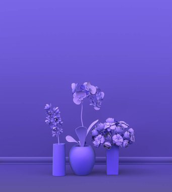 Dekoratif ev bitkilerinden oluşan düz tek renkli mor renkli iç oda, fotokopi alanı ve poster çerçevesi arka planı için. 3 boyutlu görüntüleme, tencere ve çiçekli boş oda
