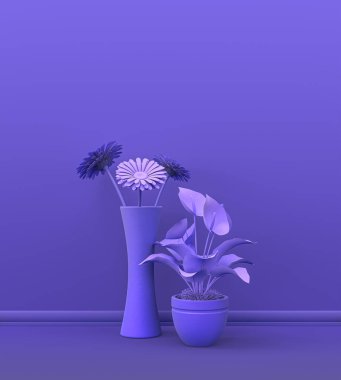Fotokopi alanı ve çerçeve arkaplanı için mor odada katı renkli bir duvarın önünde birden fazla bitki var. 3 boyutlu görüntüleme, tencere ve çiçekli boş oda