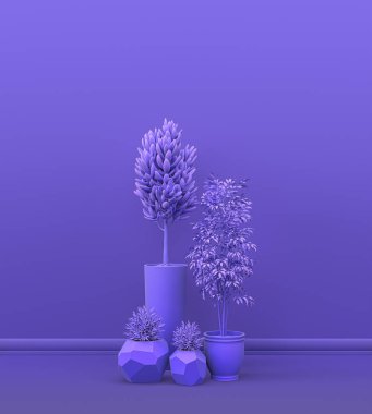 Tek renk mor çiçeklerden oluşan bir bitki ve çiçek grubu. Fotokopi alanı ve poster çerçevesi için boş bir iç oda. 3 boyutlu görüntüleme, saksılı ve çiçekli oda