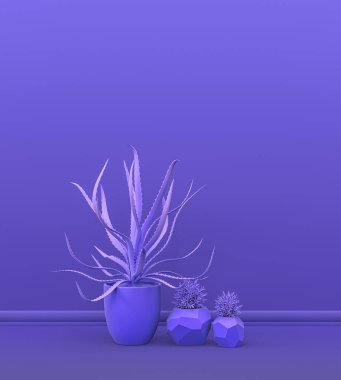Fotokopi alanı ve çerçeve arkaplanı için mor odada katı renkli bir duvarın önünde birden fazla bitki var. 3 boyutlu görüntüleme, tencere ve çiçekli boş oda