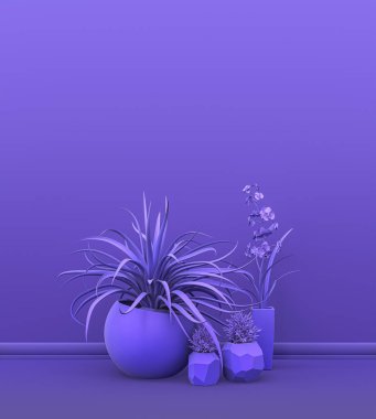 Dekoratif ev bitkilerinden oluşan düz tek renkli mor renkli iç oda, fotokopi alanı ve poster çerçevesi arka planı için. 3 boyutlu görüntüleme, tencere ve çiçekli boş oda