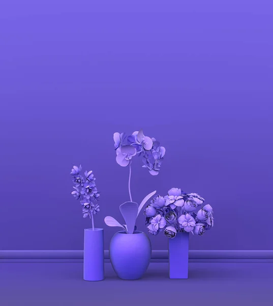 Interior room in plain monochrome violet color with group of decorative house plants, for copy space and poster frame backgrounds. 3D rendering, empty room with pots and flowers
