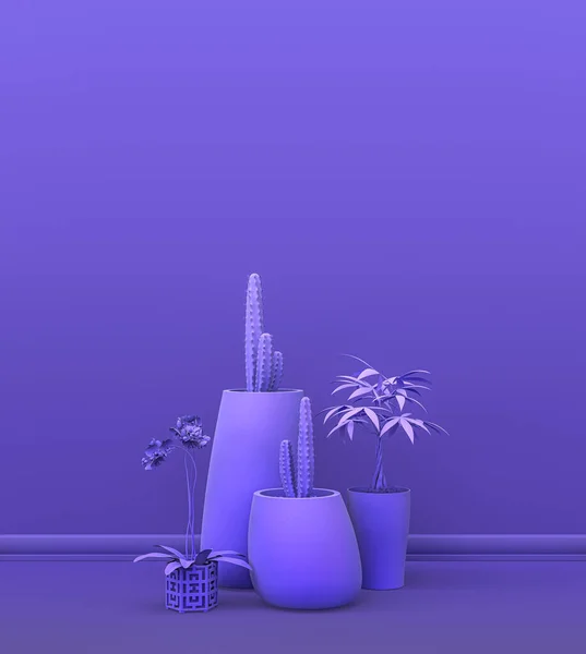 Interiör Rum Vanlig Monokrom Violett Färg Med Grupp Dekorativa Krukväxter — Stockfoto