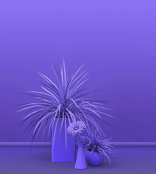 Interiör Rum Vanlig Monokrom Violett Färg Med Grupp Dekorativa Krukväxter — Stockfoto