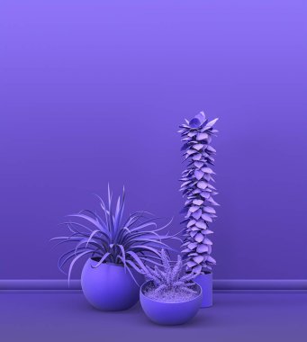 Fotokopi alanı ve çerçeve arkaplanı için mor odada katı renkli bir duvarın önünde birden fazla bitki var. 3 boyutlu görüntüleme, tencere ve çiçekli boş oda