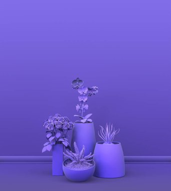 Dekoratif ev bitkilerinden oluşan düz tek renkli mor renkli iç oda, fotokopi alanı ve poster çerçevesi arka planı için. 3 boyutlu görüntüleme, tencere ve çiçekli boş oda