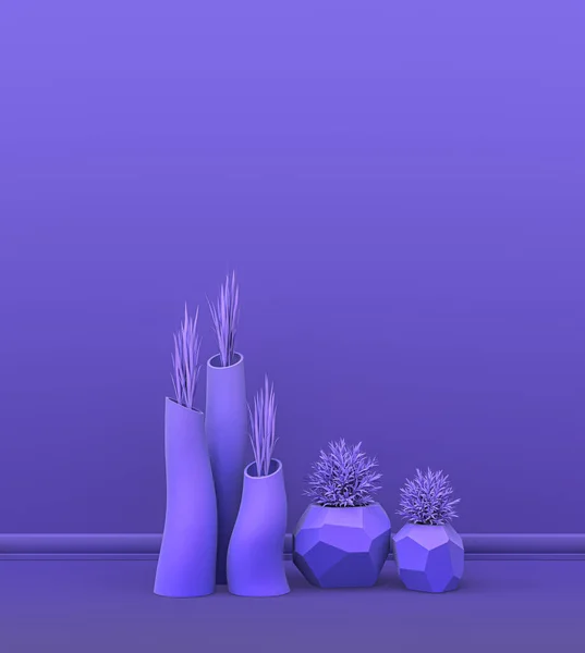 Chambre Intérieure Couleur Unie Violet Monochrome Avec Groupe Plantes Décoratives — Photo