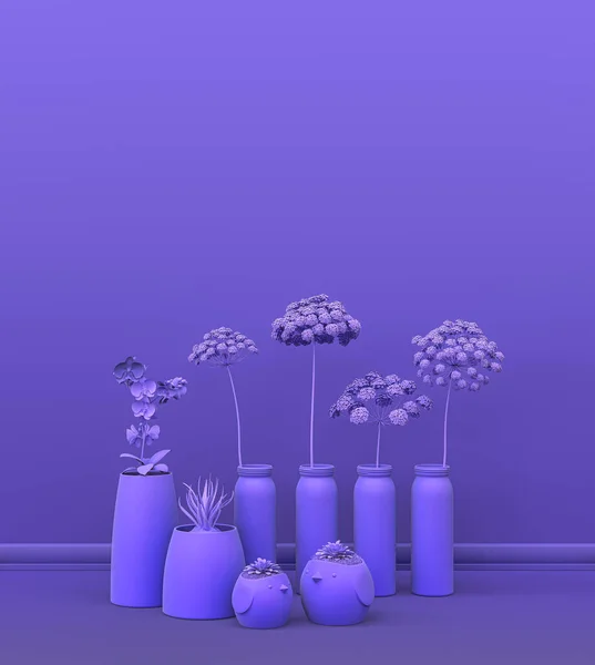 Interior room in plain monochrome violet color with group of decorative house plants, for copy space and poster frame backgrounds. 3D rendering, empty room with pots and flowers