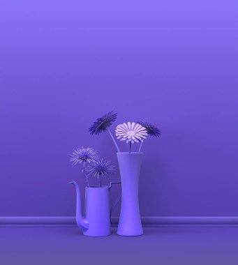 Fotokopi alanı ve çerçeve arkaplanı için mor odada katı renkli bir duvarın önünde birden fazla bitki var. 3 boyutlu görüntüleme, tencere ve çiçekli boş oda