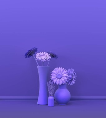 Fotokopi alanı ve çerçeve arkaplanı için mor odada katı renkli bir duvarın önünde birden fazla bitki var. 3 boyutlu görüntüleme, tencere ve çiçekli boş oda