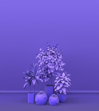 Fotokopi alanı ve çerçeve arkaplanı için mor odada katı renkli bir duvarın önünde birden fazla bitki var. 3 boyutlu görüntüleme, tencere ve çiçekli boş oda