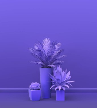 Tek renk mor çiçeklerden oluşan bir bitki ve çiçek grubu. Fotokopi alanı ve poster çerçevesi için boş bir iç oda. 3 boyutlu görüntüleme, saksılı ve çiçekli oda