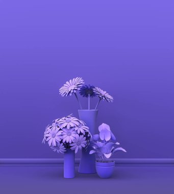 Fotokopi alanı ve çerçeve arkaplanı için mor odada katı renkli bir duvarın önünde birden fazla bitki var. 3 boyutlu görüntüleme, tencere ve çiçekli boş oda