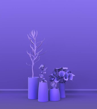 Fotokopi alanı ve çerçeve arkaplanı için mor odada katı renkli bir duvarın önünde birden fazla bitki var. 3 boyutlu görüntüleme, tencere ve çiçekli boş oda