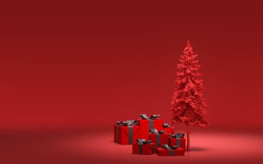 Yerde hediye kutuları ve kırmızı odada tek renkli tek renk, koyu kırmızı renk, 3D renkte, noel arifesi oda dekorasyonu ve fotokopi alanı.